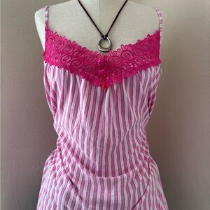 Striped Pink and White Lace Trim Tank Top
